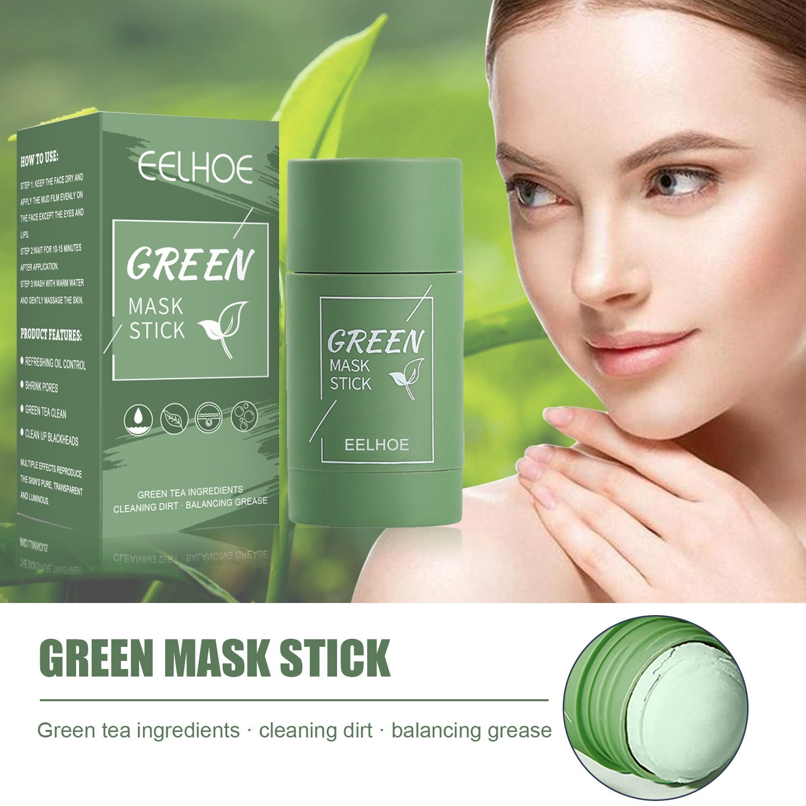 20.38 USD - EELHOE Green Tea Solid Mask - Cleansing and Hydrating Stick Mask - Pore Minimizer - Applicator - Clay Mask