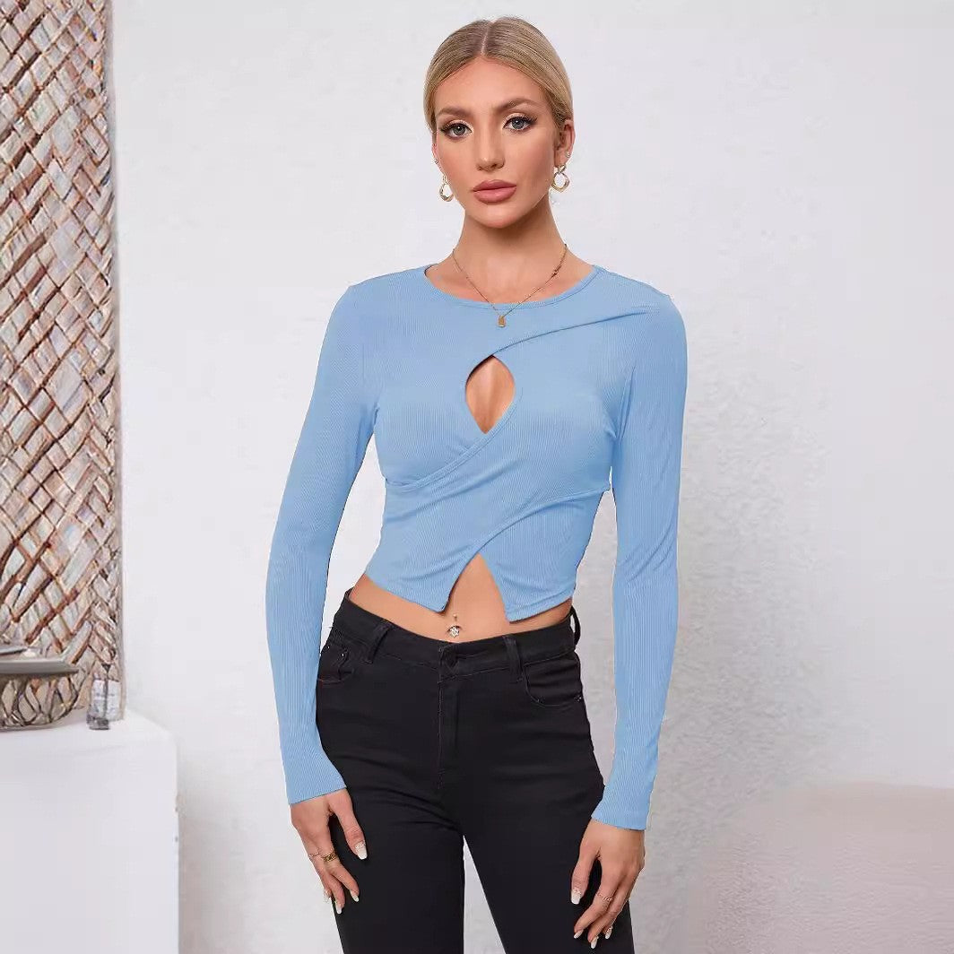 Women's Sexy Fitted Long Sleeve Round Neck Crop Top, Versatile Solid Color Knit.