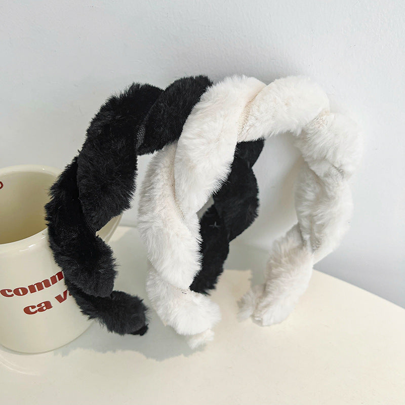 USD 15.72 - Faux Rabbit Fur Braided Headband, Cute Fluffy Solid Color Hair Accessory R526