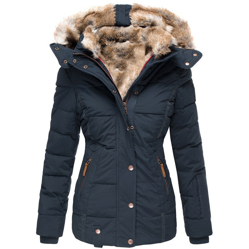 Women's warm winter coat in wool and cotton, wool collar, zip closure, long sleeves, slim fit, hood