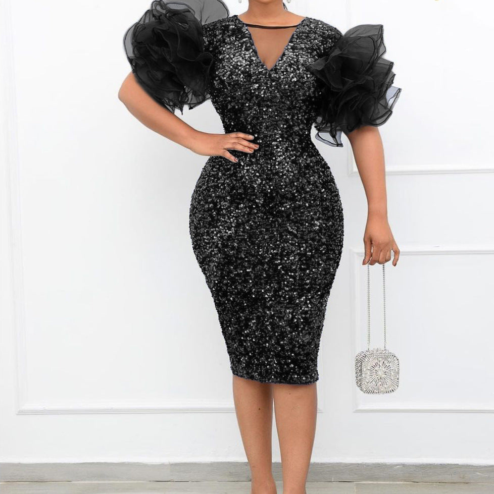 Robe de soirée africaine moulante en velours et résille à sequins