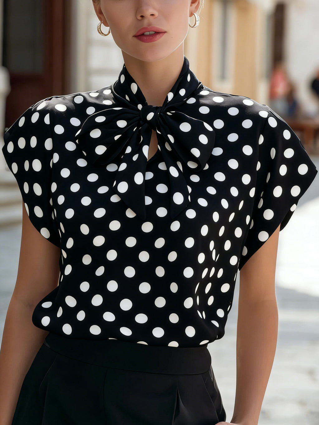 Polka dot top with a bow collar and short sleeves