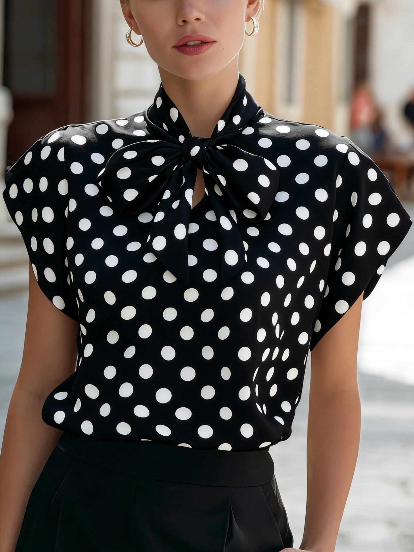 Polka dot top with a bow collar and short sleeves