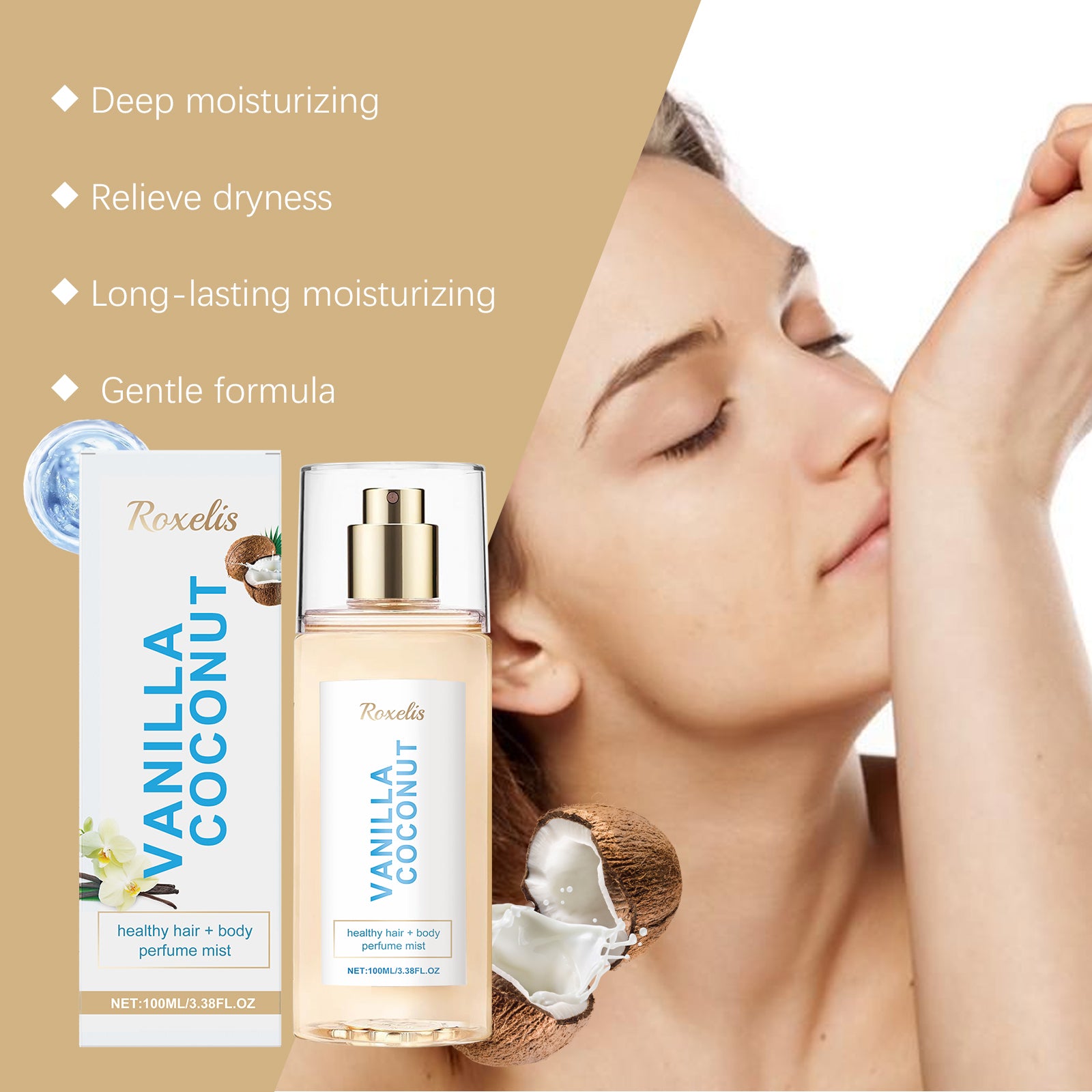 Roxelis Vanilla Coconut body mist, long-lasting with unique charm. A fresh, romantic and travel-friendly scent.