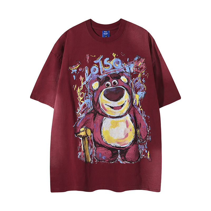 26.77 USD T-shirt à manches courtes imprimé d'un adorable ourson fraise, style décontracté pour homme et couple, idéal pour l'été.