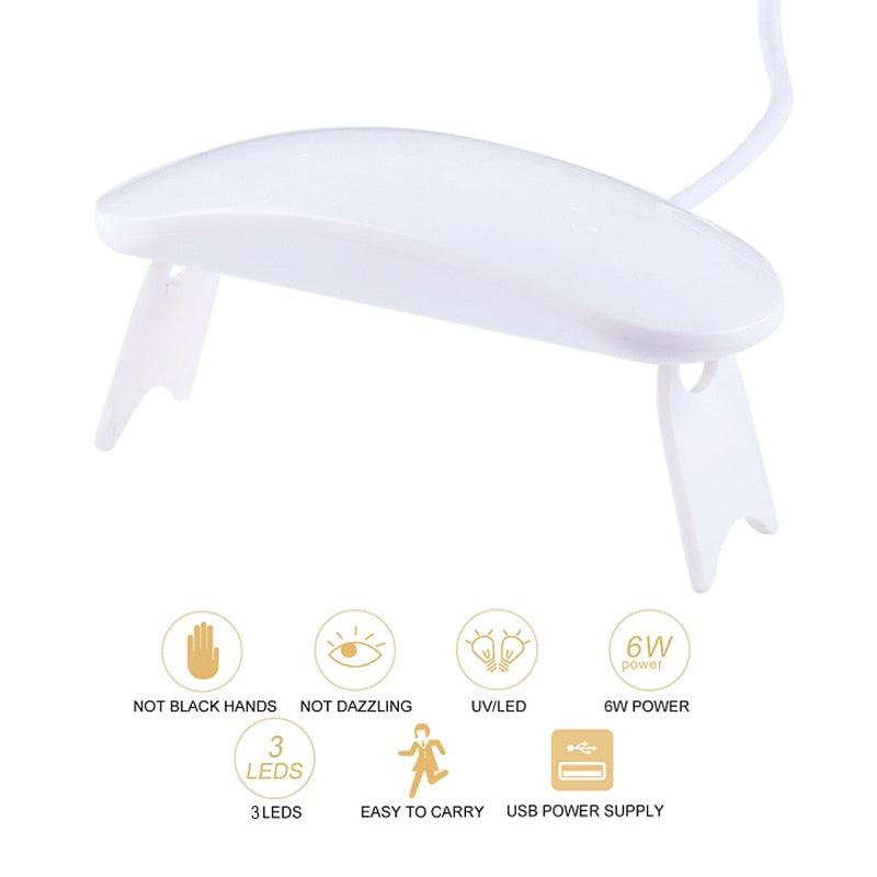 6W White UV LED Nail Dryer, Portable, with Micro USB Cable, for Home Use. UV Gel Polish Dryer, 3 LEDs, Nail Art Tools.