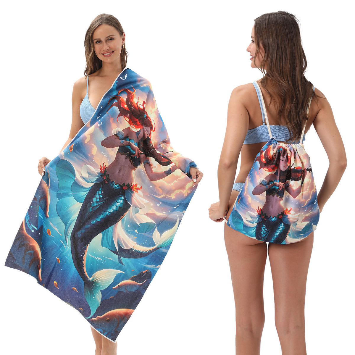 Serviette de plage pliable 2-en-1 et serviette de bain imprimée – Serviette de plage tout-en-un avec sac de rangement