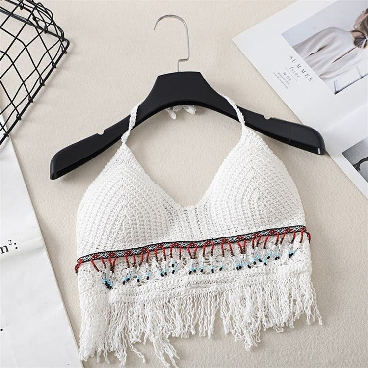 Women's embroidered hollow-out bralette with high neck, short, open back, inner straps and chest pads
