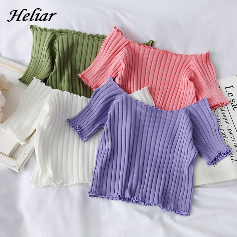 16.19 USD - HELIAR Women's Off Shoulder Mesh Crop Tops Short Sleeve Ruffle Hem Stretchy Summer Collection 2020