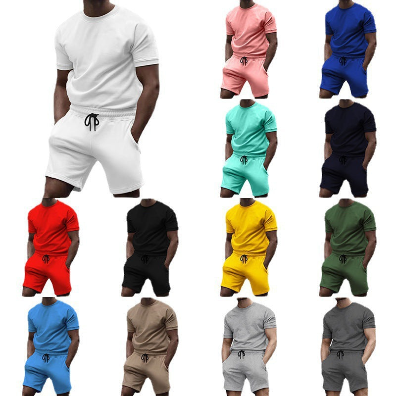 Survêtement de sport et de loisirs d'été pour homme, manches courtes, patchwork, col rond.
