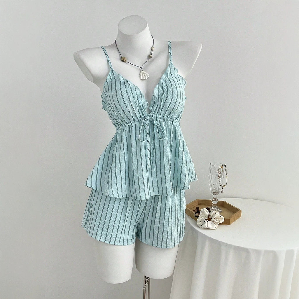 Ensemble deux pièces débardeur rayé à col en V et short pour femme