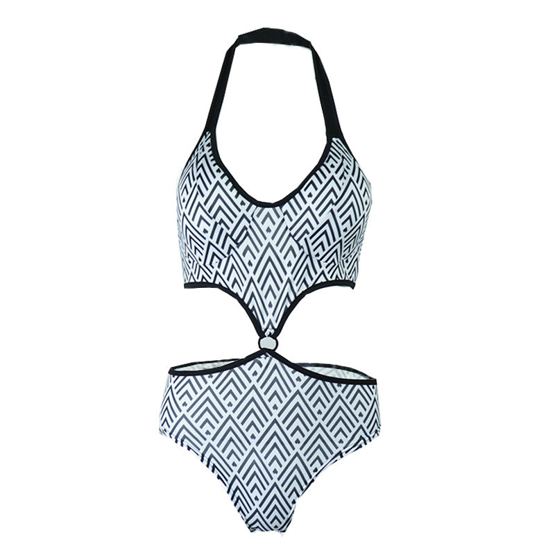 Maillot de bain une pièce femme printemps-été, imprimé sexy, col halter, taille ajourée, style tendance.