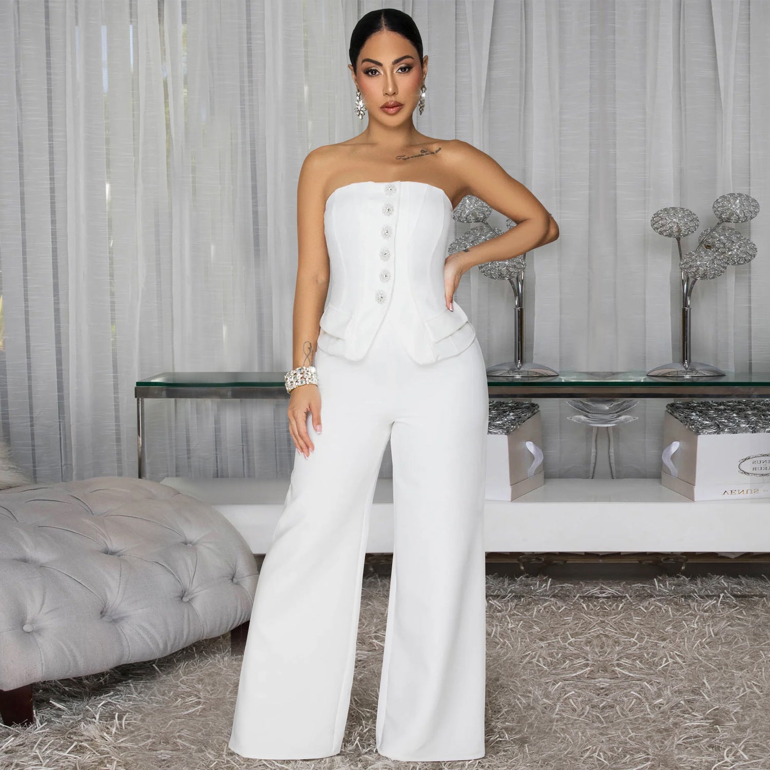 Combinaison bustier dos nu sexy à jambes larges pour femme