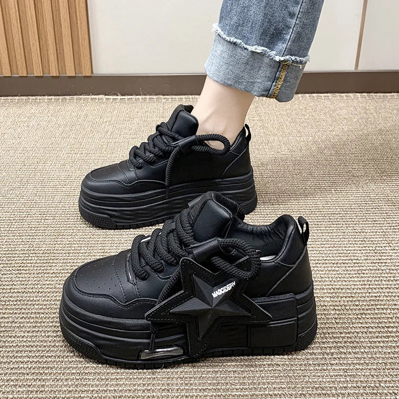 Women's Platform Sneakers, Casual Sports Shoes, Custom Star Design, Vulcanized, for Outdoor Running and Walking, Sizes 35-40.