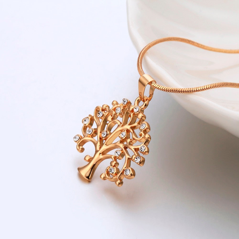 Collier pendentif Arbre de Vie, bijou femme tendance en cristal et or rose, collier tendance