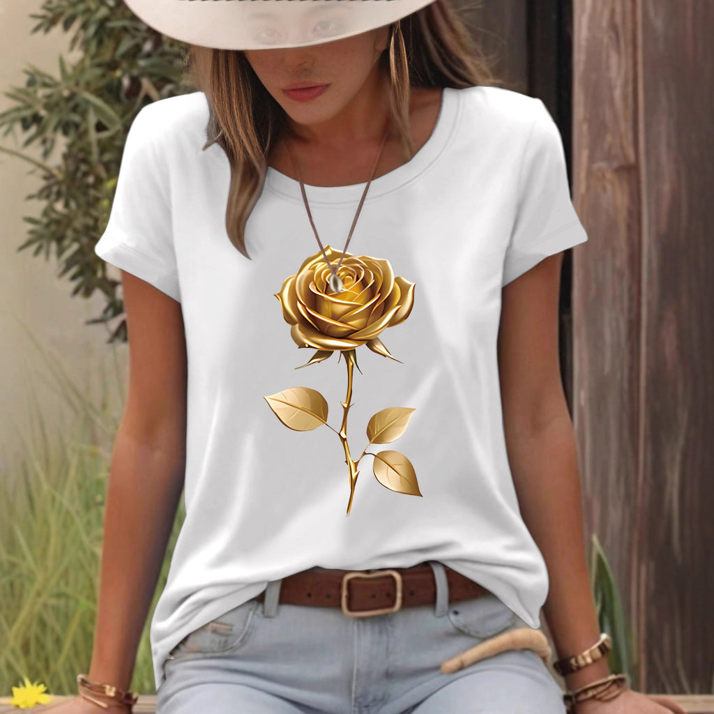 $18.62 - Short Sleeve Round Neck T-Shirt with Gold Rose