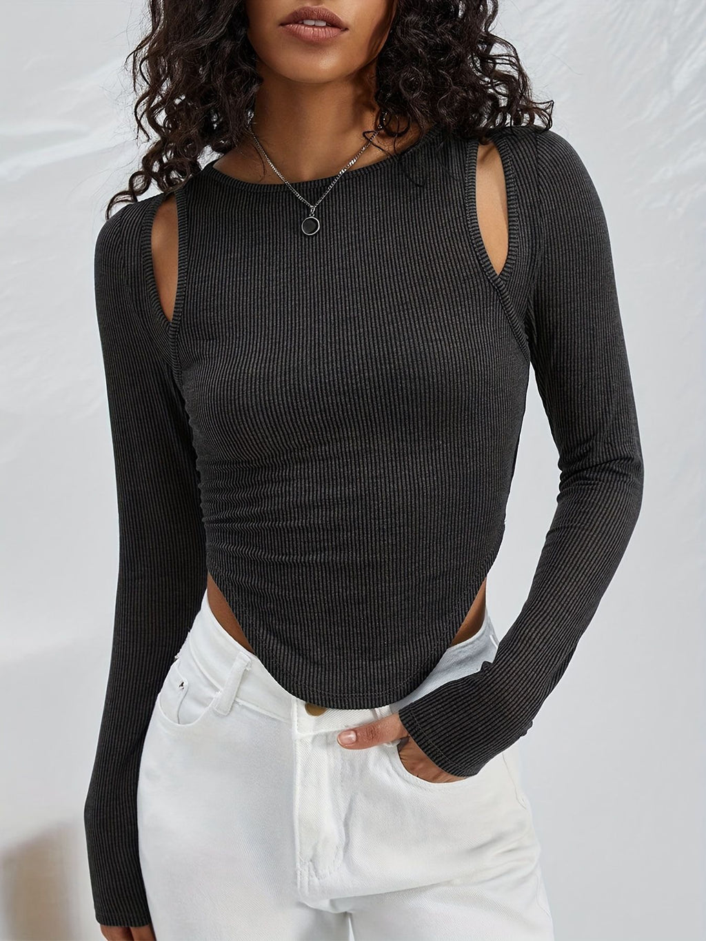 15.37 USD T-shirt à manches longues en maille à col rond pour femme - Sexy