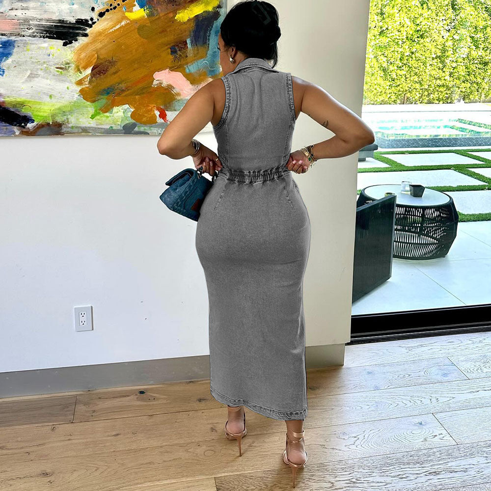 Robe longue sans manches à col élastique et boutonnage simple pour femme