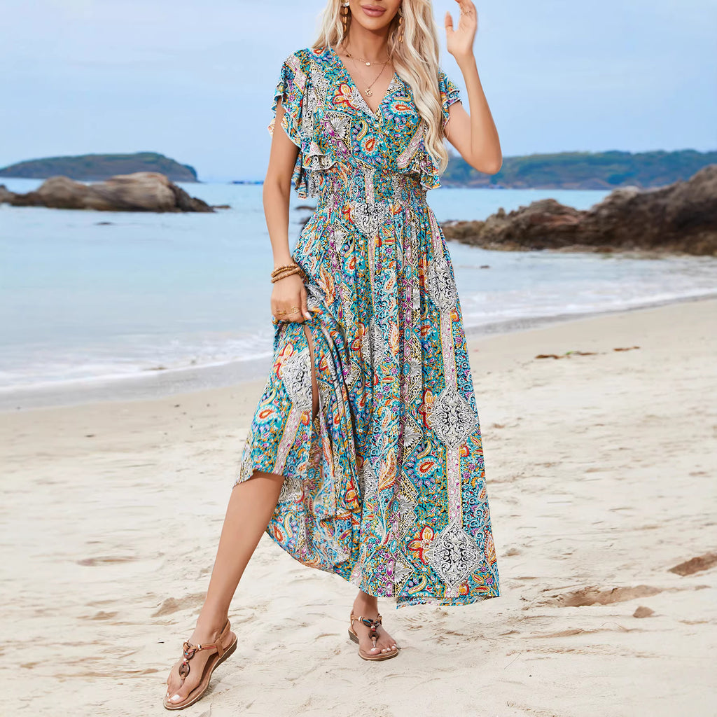 robe fendue à manches courtes et col en V