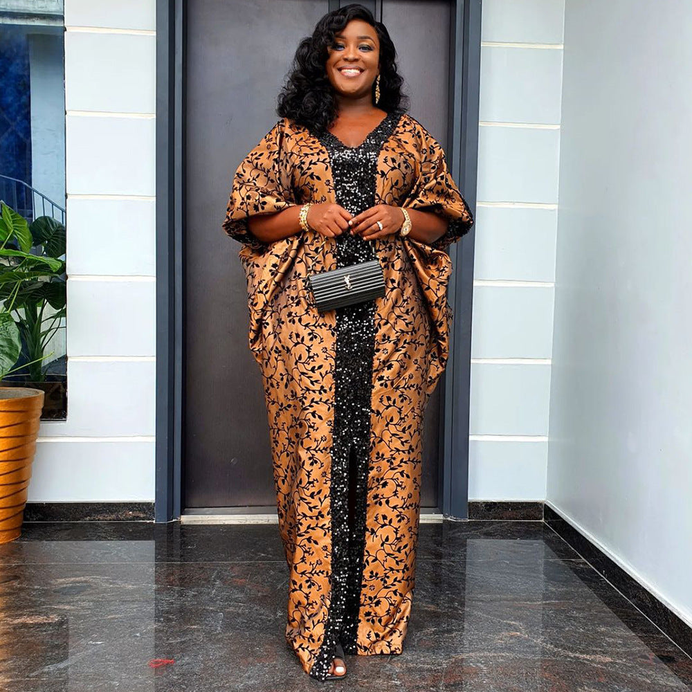 Robe africaine à motif patchwork et imprimé, avec col en V et perles