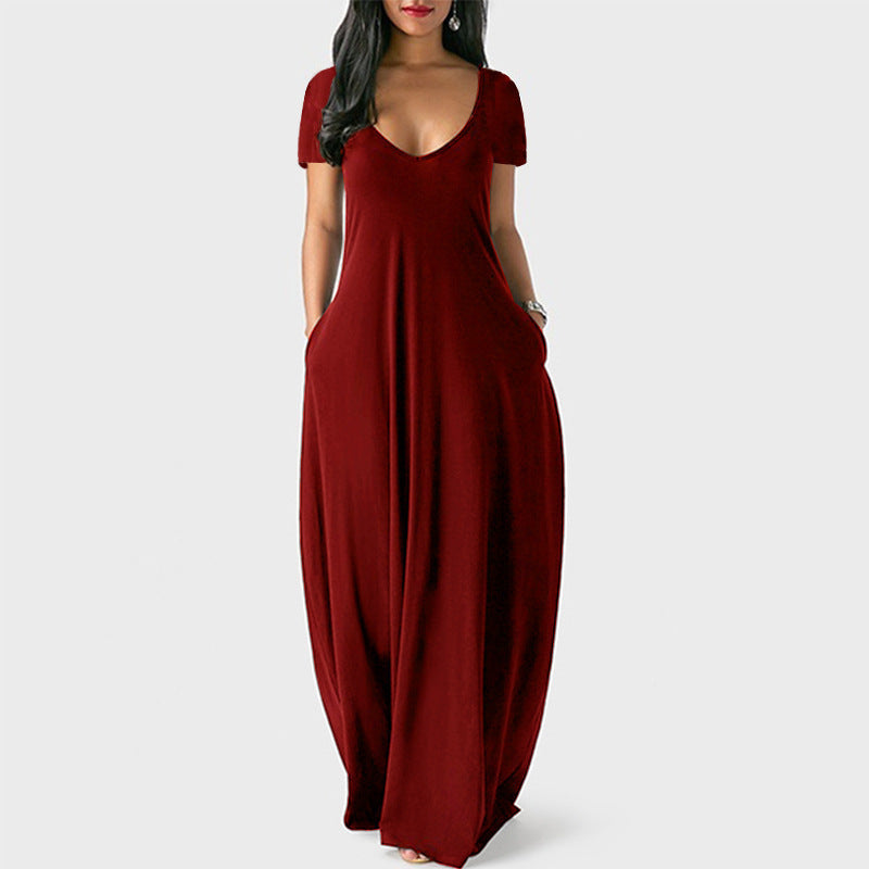 Robe d'été grande taille unie pour femme, sexy, décolleté plongeant en V, manches courtes, longue