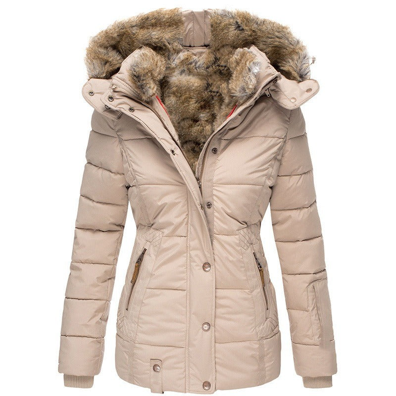 Women's warm winter coat in wool and cotton, wool collar, zip closure, long sleeves, slim fit, hood