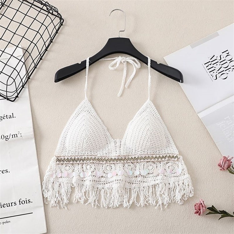 Women's embroidered hollow-out bralette with high neck, short, open back, inner straps and chest pads