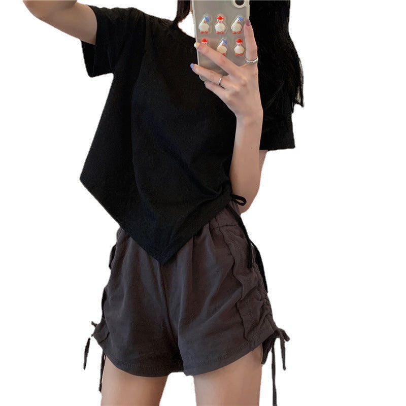 Women's Irregular Drawstring Short-Sleeved Crop Top, Casual Streetwear Student Style.