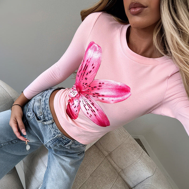 Floral print long-sleeved crew-neck crop top