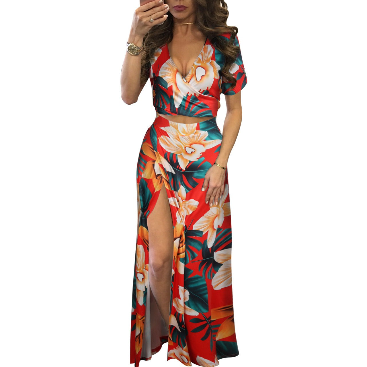 25,54 USD - Ensemble deux pièces robe fleurie classique en promotion