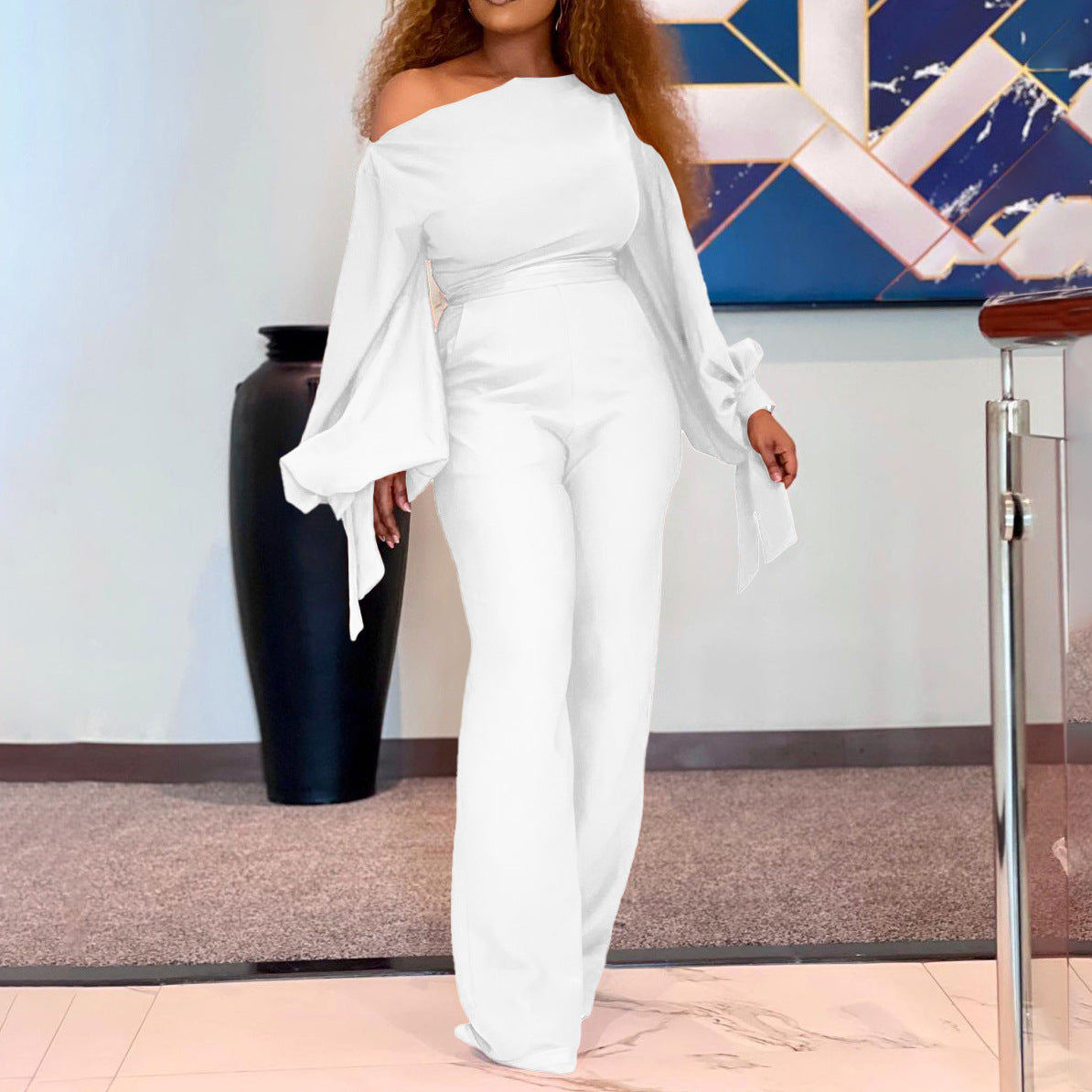 Combinaison décontractée grande taille à jambes larges, taille haute et épaules dénudées, style européen et américain