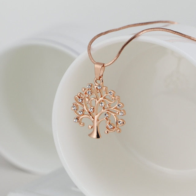 Collier pendentif Arbre de Vie, bijou femme tendance en cristal et or rose, collier tendance