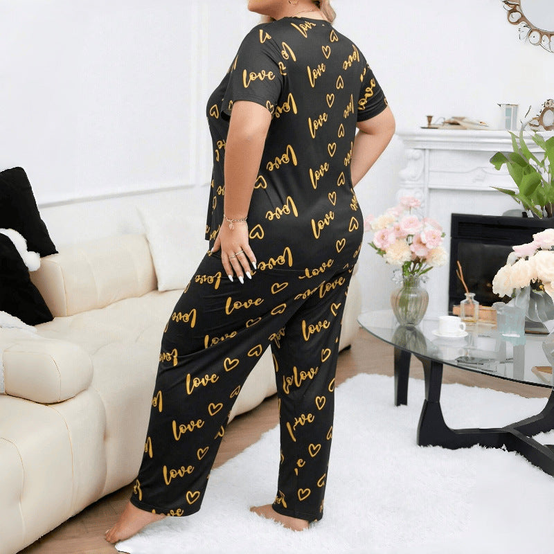 Ensemble de pyjama femme grande taille à manches courtes et pantalon long, col rond et lettre cœur