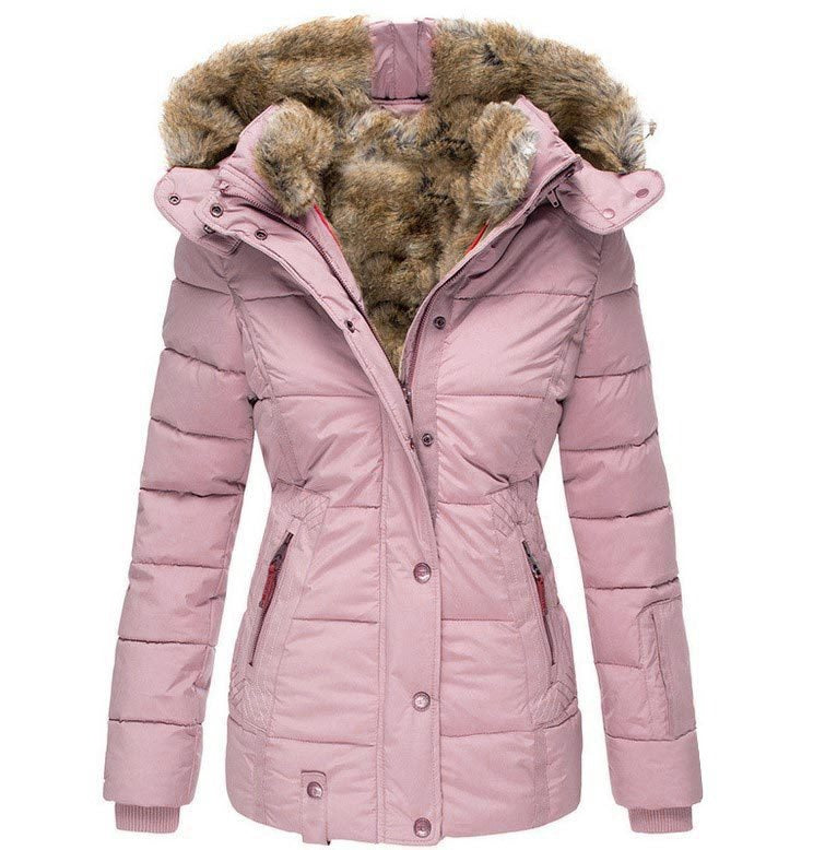 Women's warm winter coat in wool and cotton, wool collar, zip closure, long sleeves, slim fit, hood