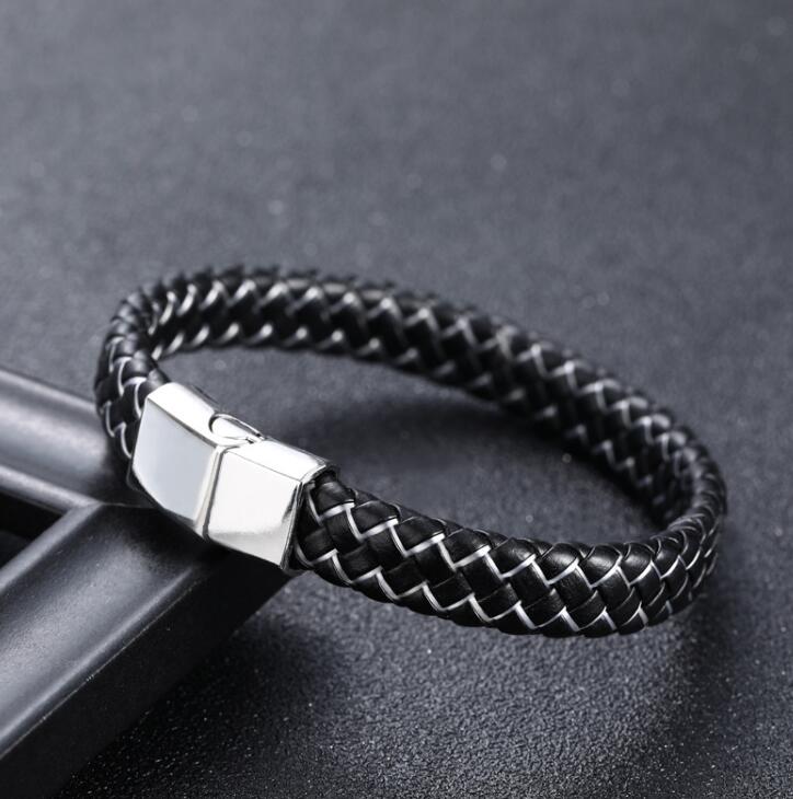 14.86 USD - Men's Black and Blue Braided Leather Bracelet, Stainless Steel Magnetic Clasp, Charm Bracelet, Gift