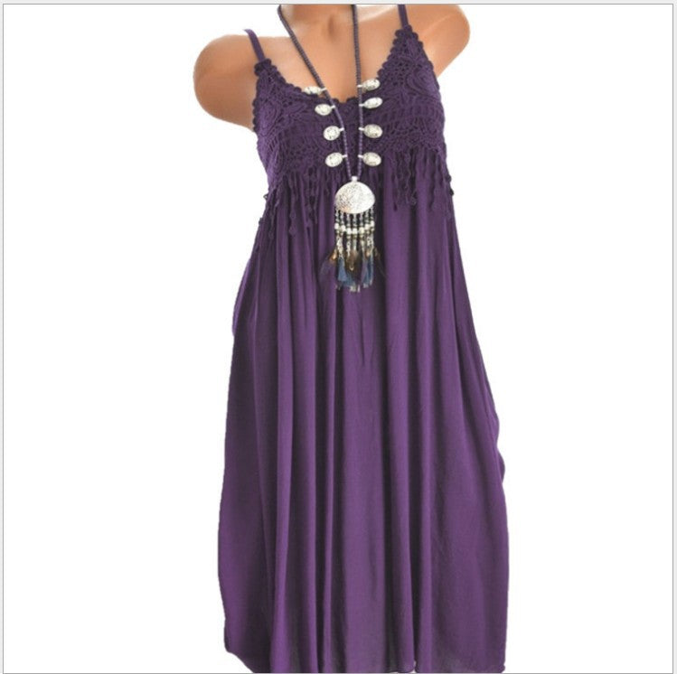 $27.14 - Women's Sexy Solid Lace Patchwork Spaghetti Strap Midi Dress