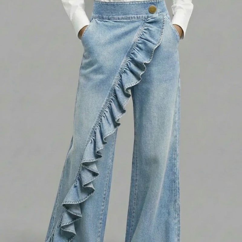 Pantalon vintage en denim véritable taille mi-haute asymétrique pour femme - Collection printemps-été