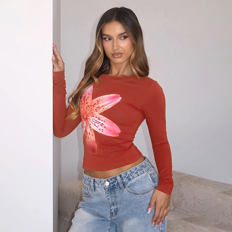 Floral print long-sleeved crew-neck crop top
