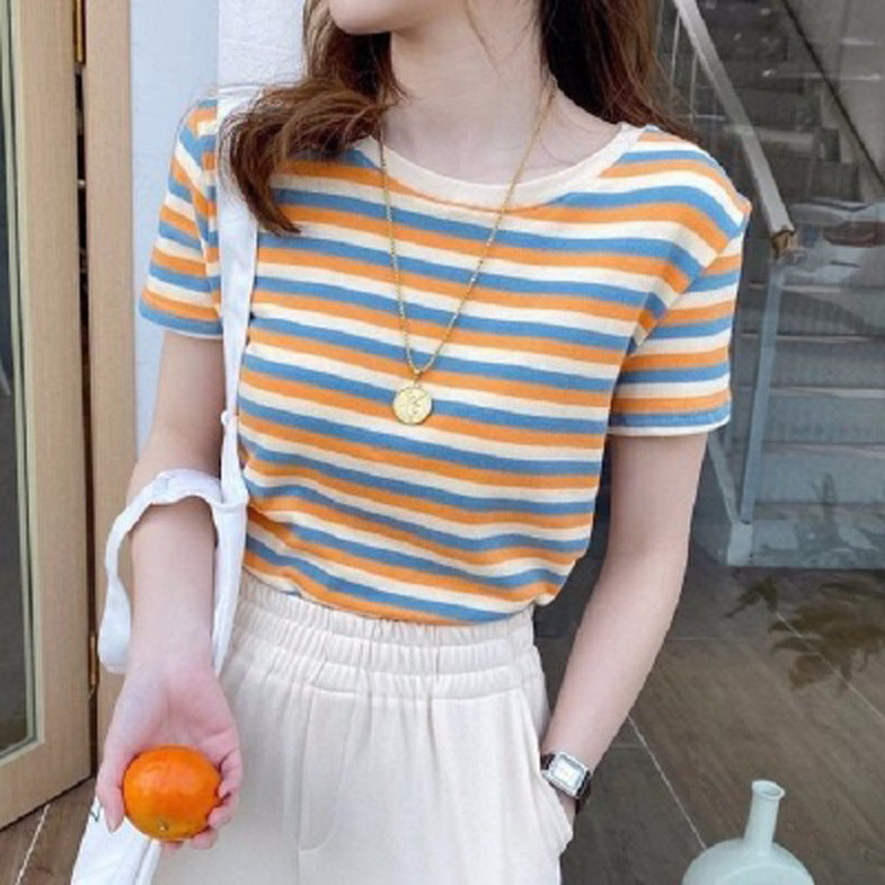 Fashion Stripe Short Sleeve T-Shirt Women Slim Fit Casual Top Student  Basic Tee