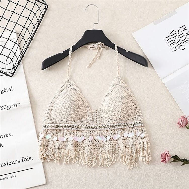 Women's embroidered hollow-out bralette with high neck, short, open back, inner straps and chest pads