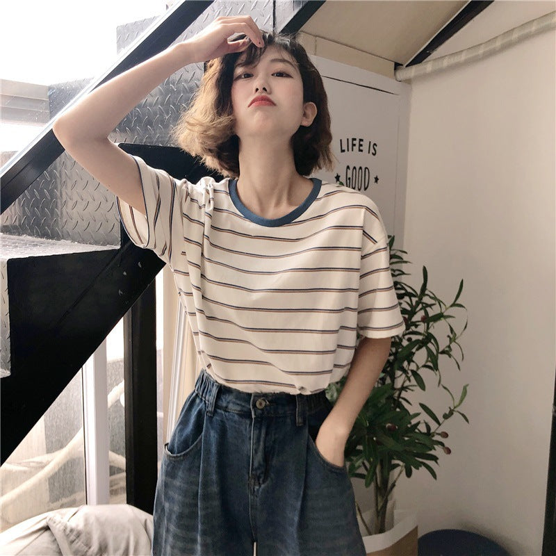 Academy Style Loose Slim Fit Striped Student Top Women's T-Shirt Casual Short Sleeve Tee
