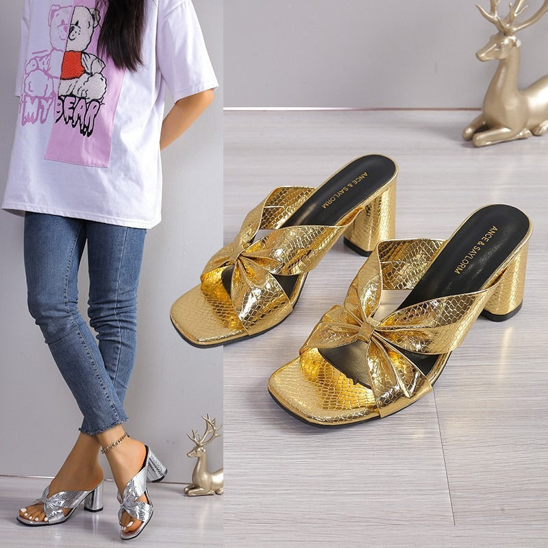 Women's Snake-Embossed Cross-Strap High-Heel Slippers