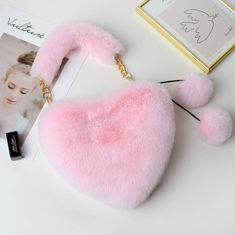 Women's Cyber Red Fashion Plush Heart-shaped Handbag, Slanted Style, with Hair Clip and Wallet.