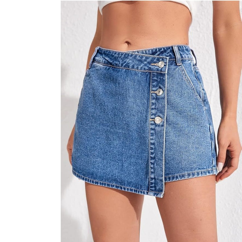 Women's Fashionable High-Slit Plain Cotton Denim Skort