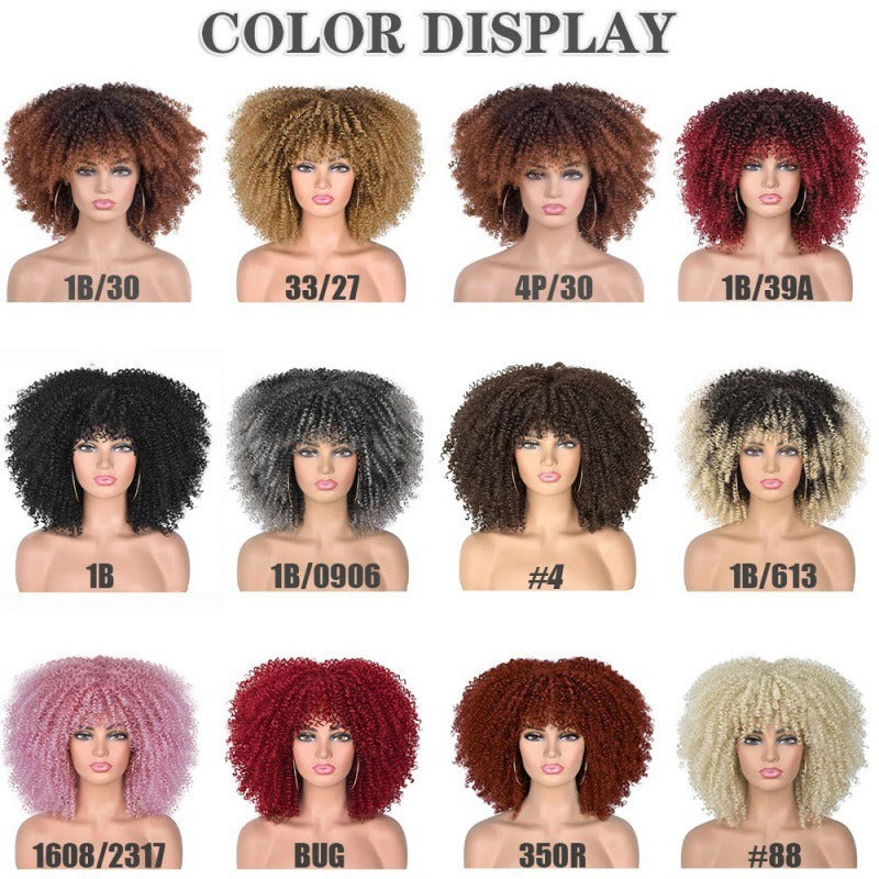 Perruque afro bouclée noire en fibres synthétiques, ensemble complet