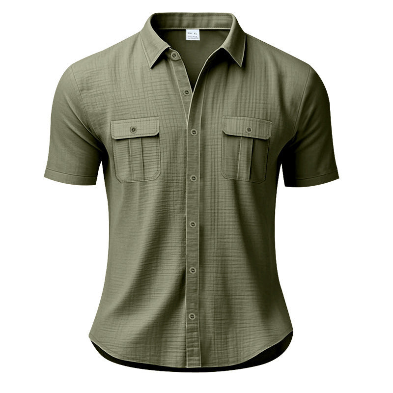 Men's short-sleeve casual linen shirt, solid color, patch pocket, button-down, loose fit, turn-down collar