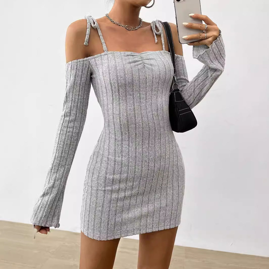 Robe-camisole légère à bretelles pour femme, style mature, automne-hiver, col asymétrique, coupe ajustée et jupe courte élégante