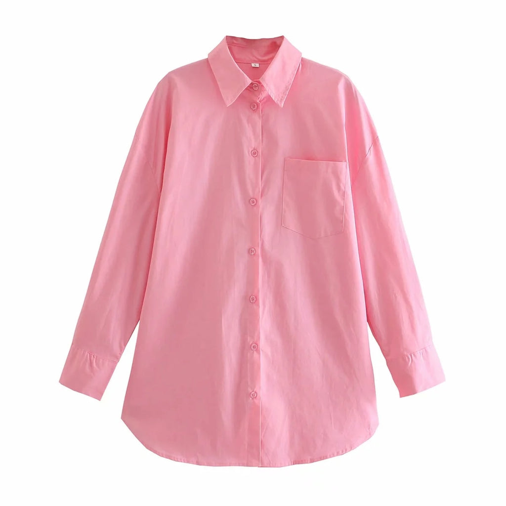 Chemise coton pour femme– Style oversize rose, 100 % coton, coupe ample, poches et boutons – Blouse chic et décontractée, style streetwear.