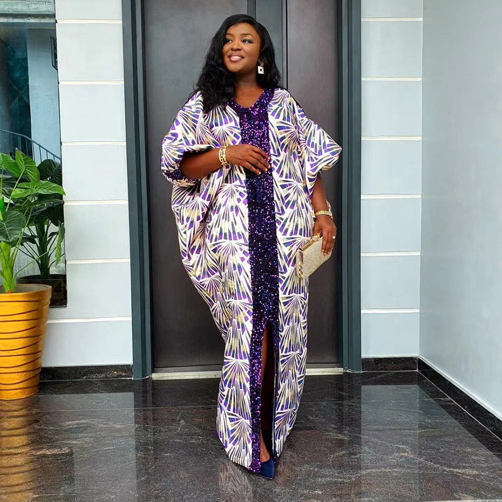 Robe africaine à motif patchwork et imprimé, avec col en V et perles
