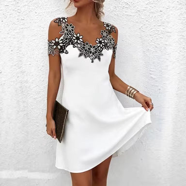 Women's V-Neck Patchwork Lace Off-Shoulder Dress